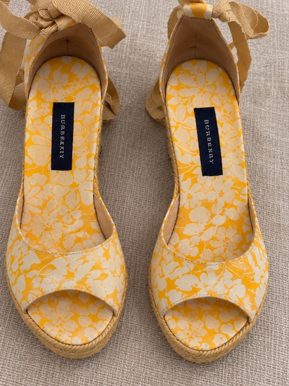 Burberry Espadrille Wedge Sandals with Ankle Tie (yellow and cream)
